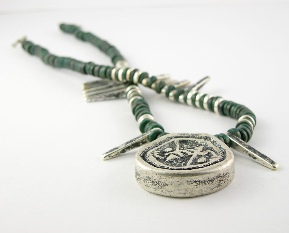 Necklace ceramic silver on ceramic tribal unisex southwestern men women  green bold pendant spikes antiqued