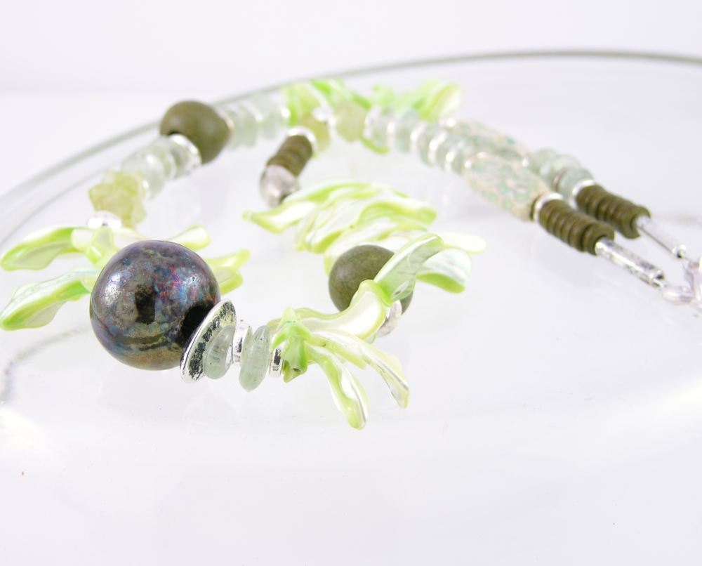 Necklace mother of pearl olive green mint green pastel recycled glass silver ceramic raku sea beach tribal statement ooak unique
