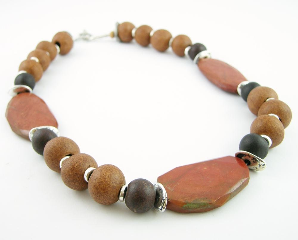 Necklace modern tribal bold silver ceramic ochre brown chocolate brown poppy jasper gemstone caramel brown statement flat slabs teamt