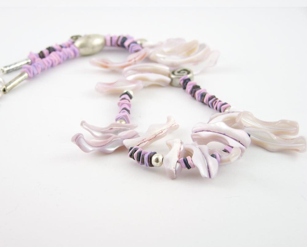Necklace mother of pearl lavender purple silver ceramic sea beach tribal statement ooak unique