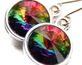 Rainbow Earrings, Multicolor Vitrail Swarovski Crystal Rivoli Drops, Colorful Crystal Dangle, Sterling Silver Earwires