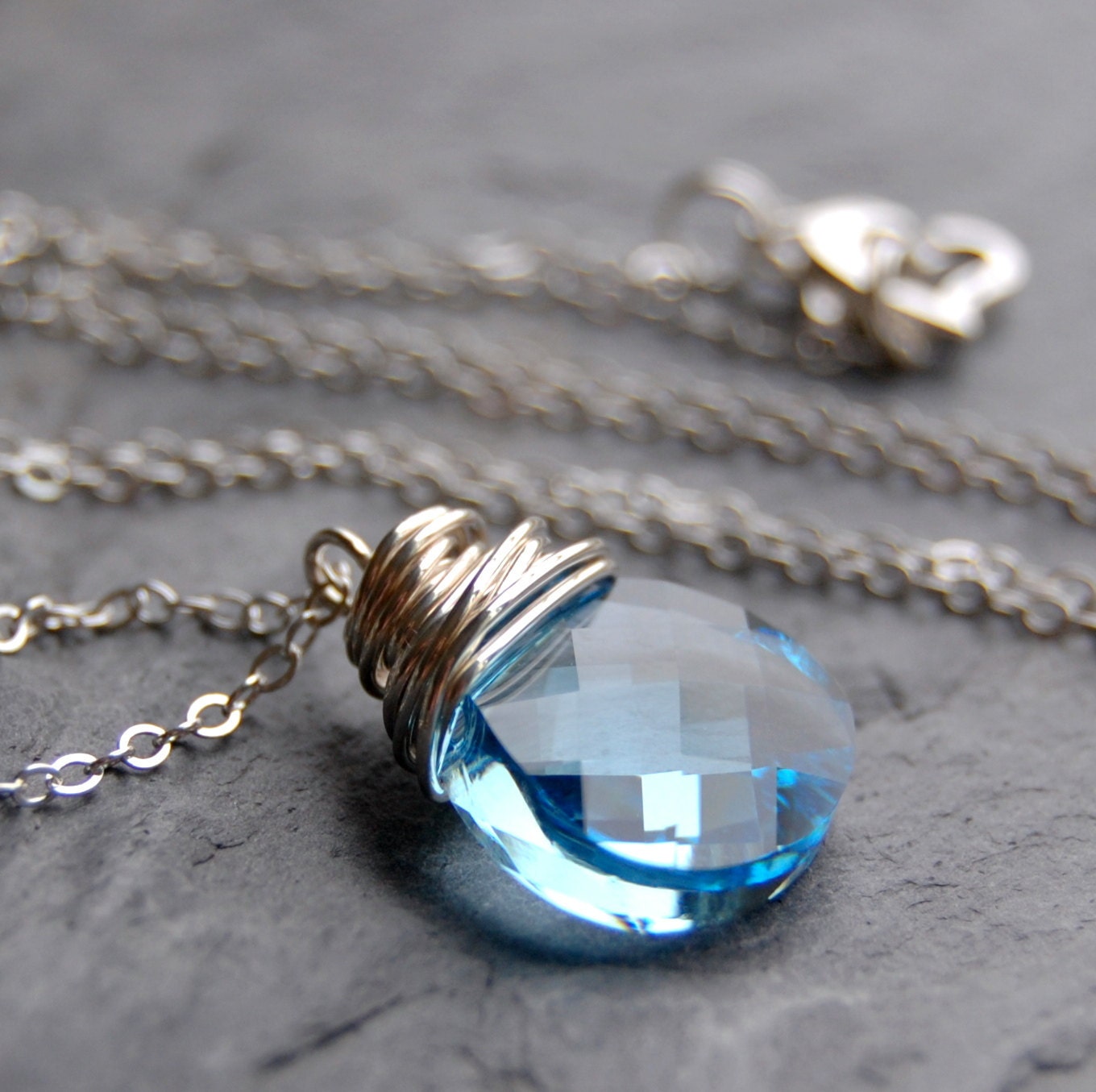 Light Blue Crystal Necklace, Aquamarine Swarovski Crystal Wire Wrapped Pendant, Sterling Silver Cable Chain