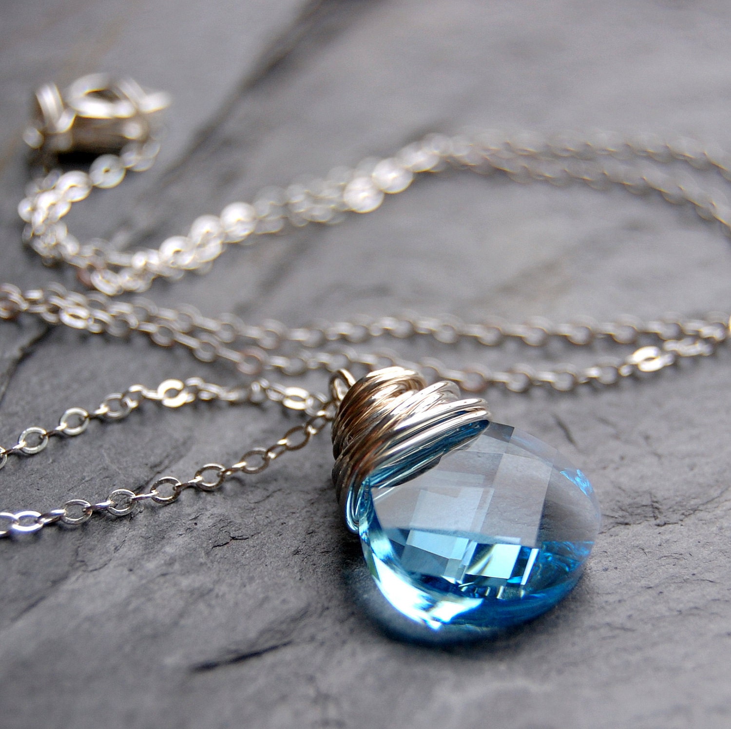 Light Blue Crystal Necklace, Aquamarine Swarovski Crystal Wire Wrapped Pendant, Sterling Silver Cable Chain