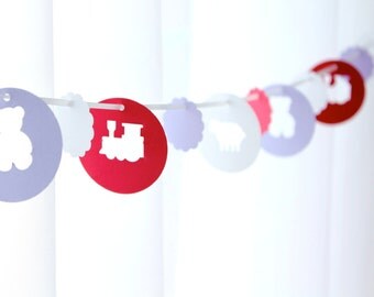 6 Foot - First Birthday Train Bear and Sheep Garland - available in your choice of colors  -  Perfect for Parties, Bridal or Baby Showers
