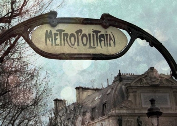 Paris Metro Sign - Vintage Paris Photography - Metropolitain - Textured Bokeh Art - Aqua Blue - Chic Home Decor