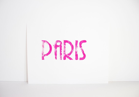 PARIS Typography block print -  PINK Woodblock 8x10 on white paper