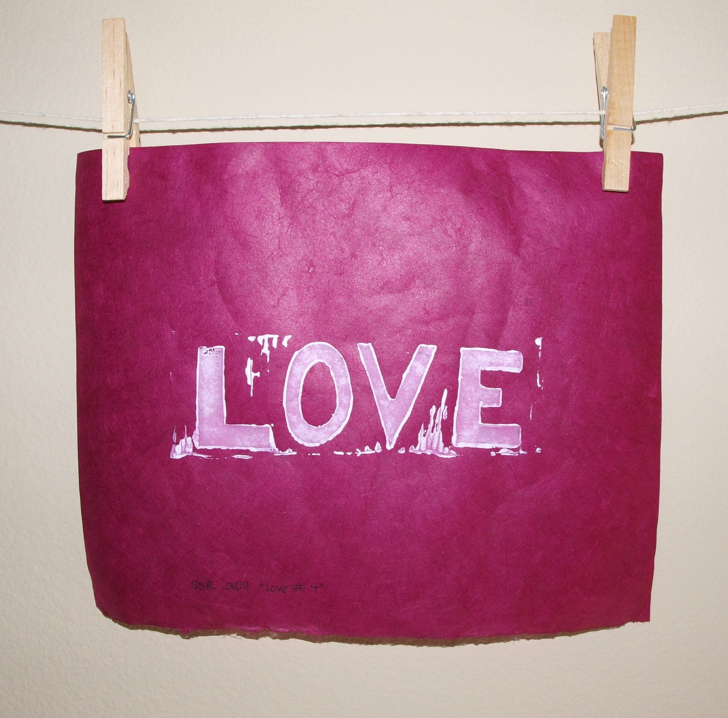 LOVE art Typography Linocut PRINT - LOVE in White on Raspberry Lama Li Paper 8x10