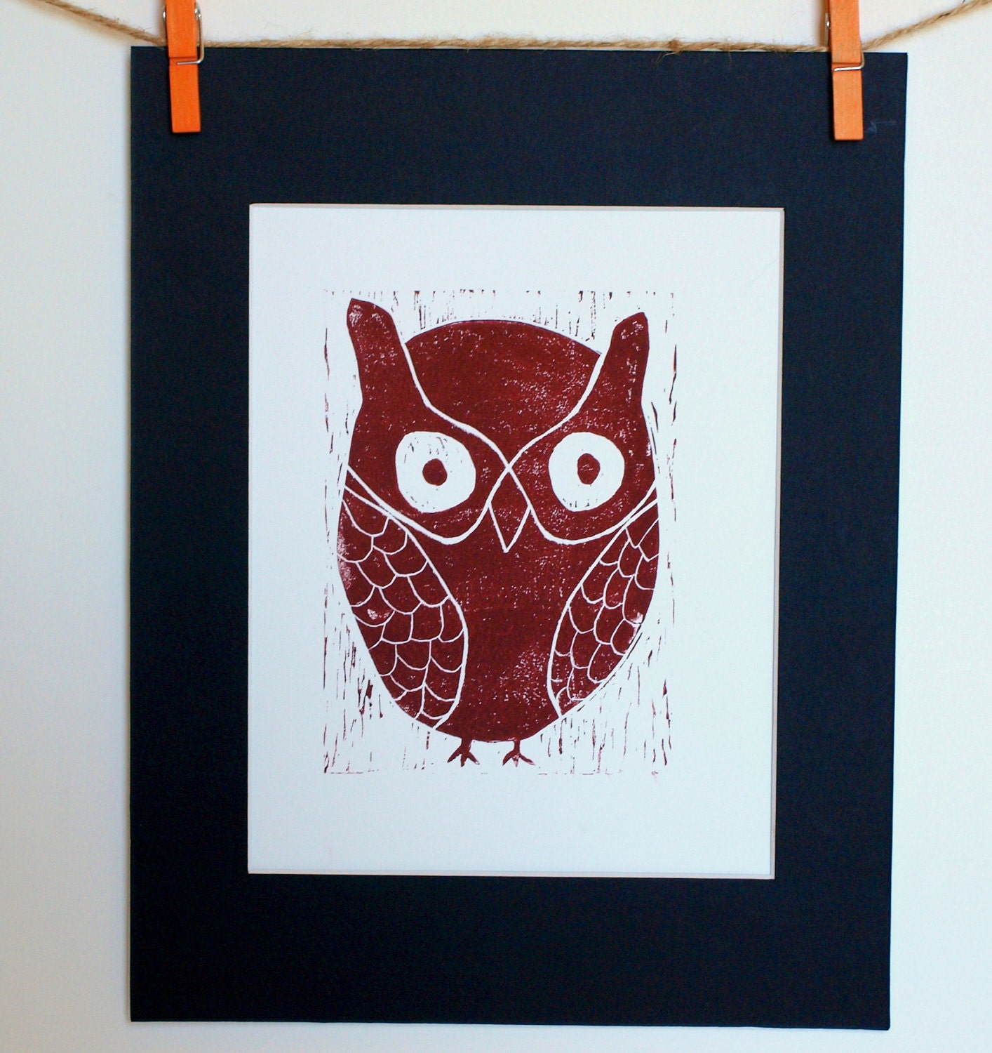 Owl Linocut PRINT - Dark Brown Owl 8x10
