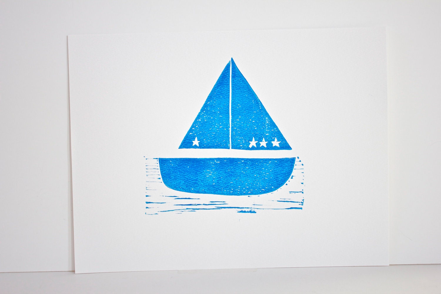 Nautical Sailboat for a Little Boy's Room Art Linocut PRINT - Ocean Blue Sailboat linocut 9x12