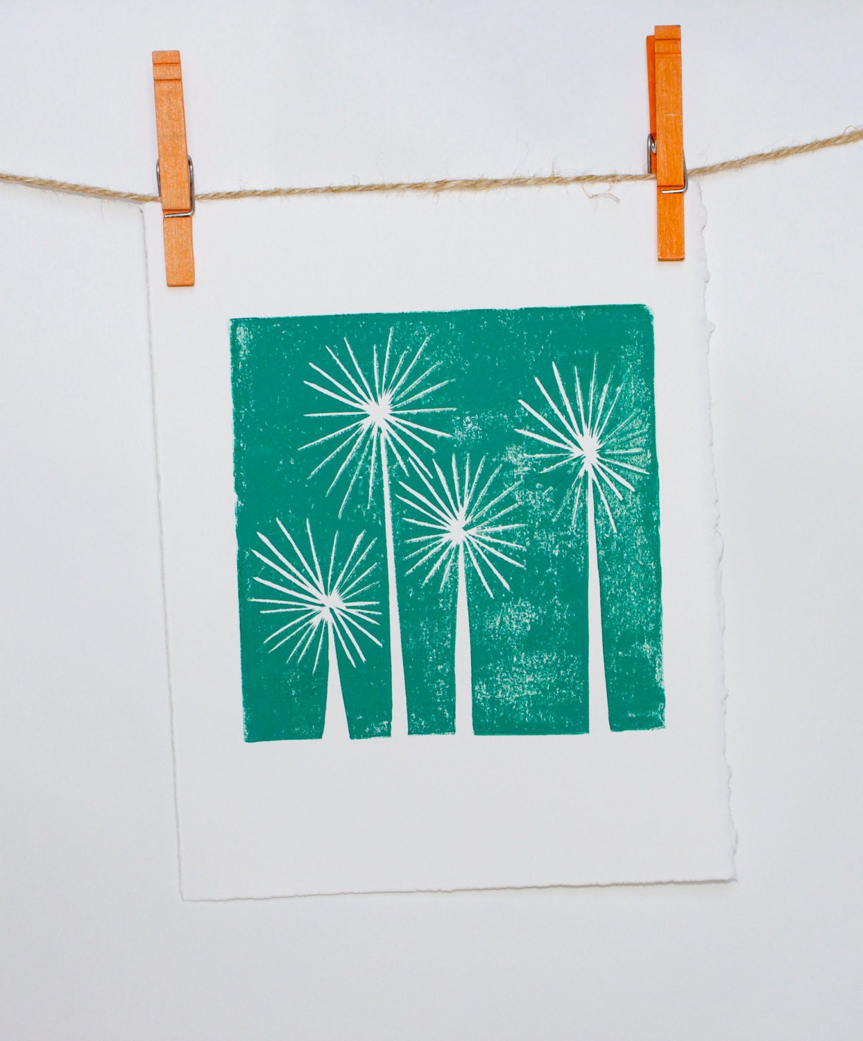 Teal Trees Mid Century Modern Art linocut print 8x10