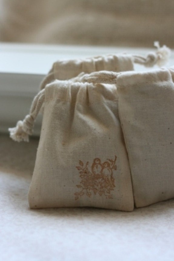 muslin gift bag TwO BirDs x 10, wedding muslin gift bag, baby shower favor, goody bag for soaps, candles, candies, baked goods