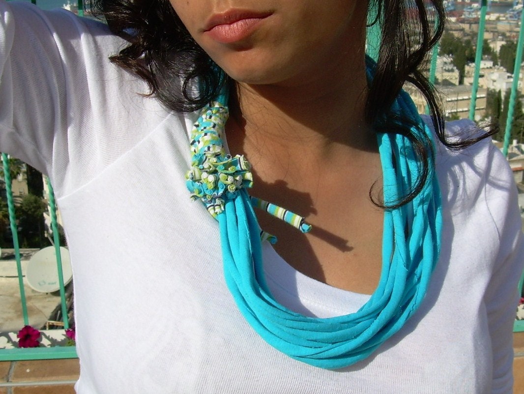 turquoise  african style fabric recycle necklace-short scarf necklace-womensummer scarf-with fabric recycle flower-turquoise  jersey