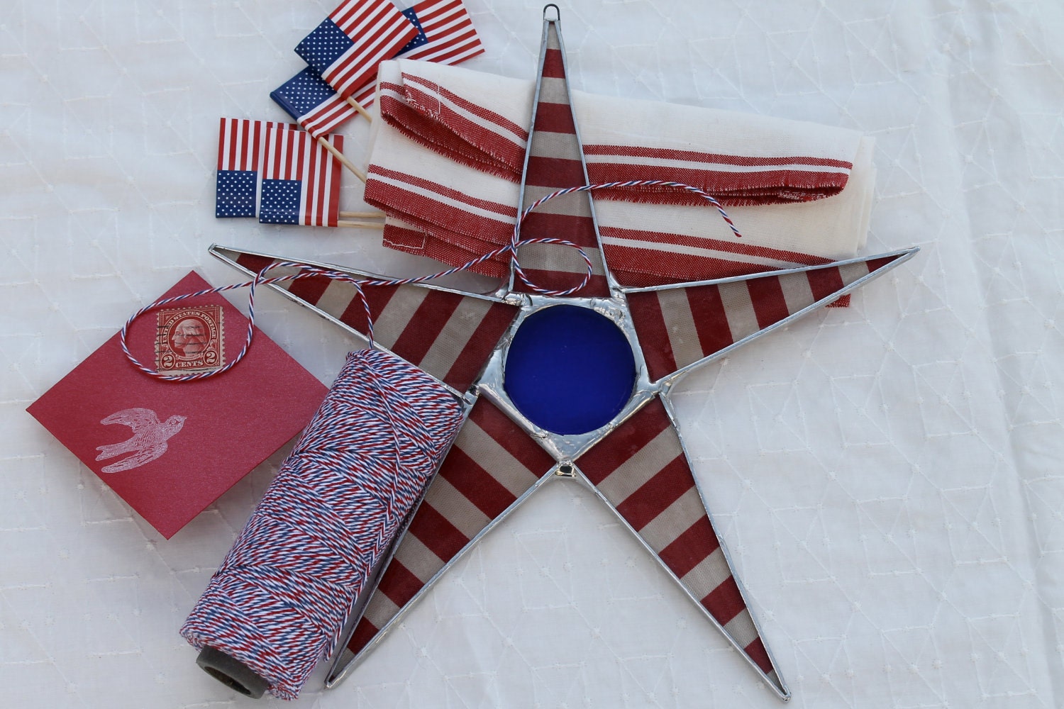 Lincoln Star - 8 inches red and white stripe lacquered glass star- red white blue stained glass star