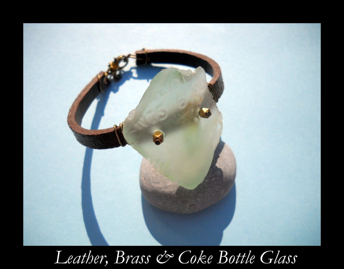 Found Beach Glass - Surf Tumbled -  Drilled Sea Glass - Leather Unisex Bracelet