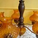On SALE... Vintage Hanging Light Fixture Five Arm Chandelier Old Colonial Style Amber Glass Shades Wood Stem Copper Americana
