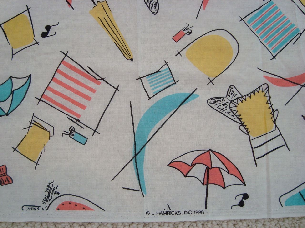 Whimsical Beach Print Fabric ReTrO Colors Umbrellas Beach Chairs Sunglasses L Hamricks, Inc. Over 3 Yards
