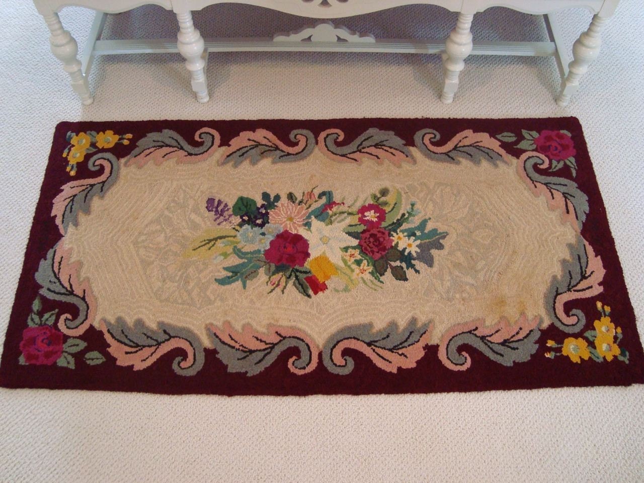 On SALE Vintage Hand Hooked Wool Rug Signed Dated by Vintiquer