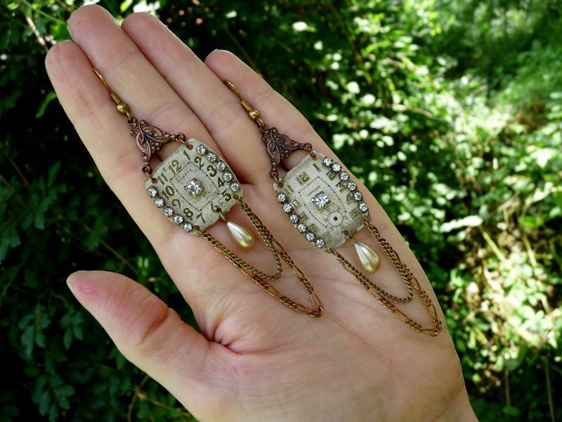 Vintage Assemblage Watch Earrings, Altering Time, beautiful antique watch faces with vintage rhinestone paste by Aliveness