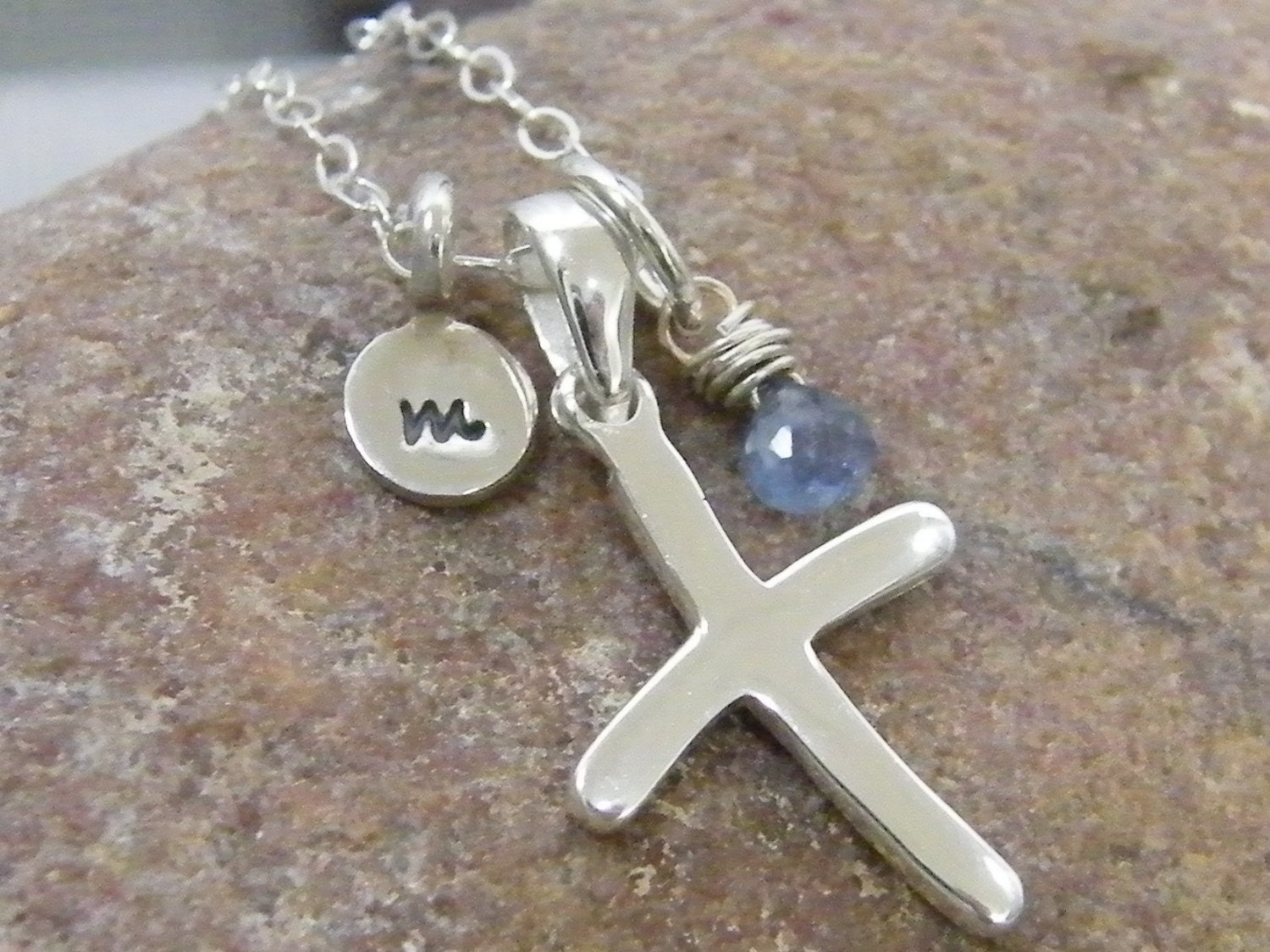 sweet and simple sterling cross with faceted blue sapphire and hand stamped initial charm necklace