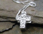 tiny cross sliding sterling silver hammered texture charm necklace