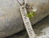 born again hand stamped sterling silver hand cut pendant with faceted  peridot and  crystal quartz