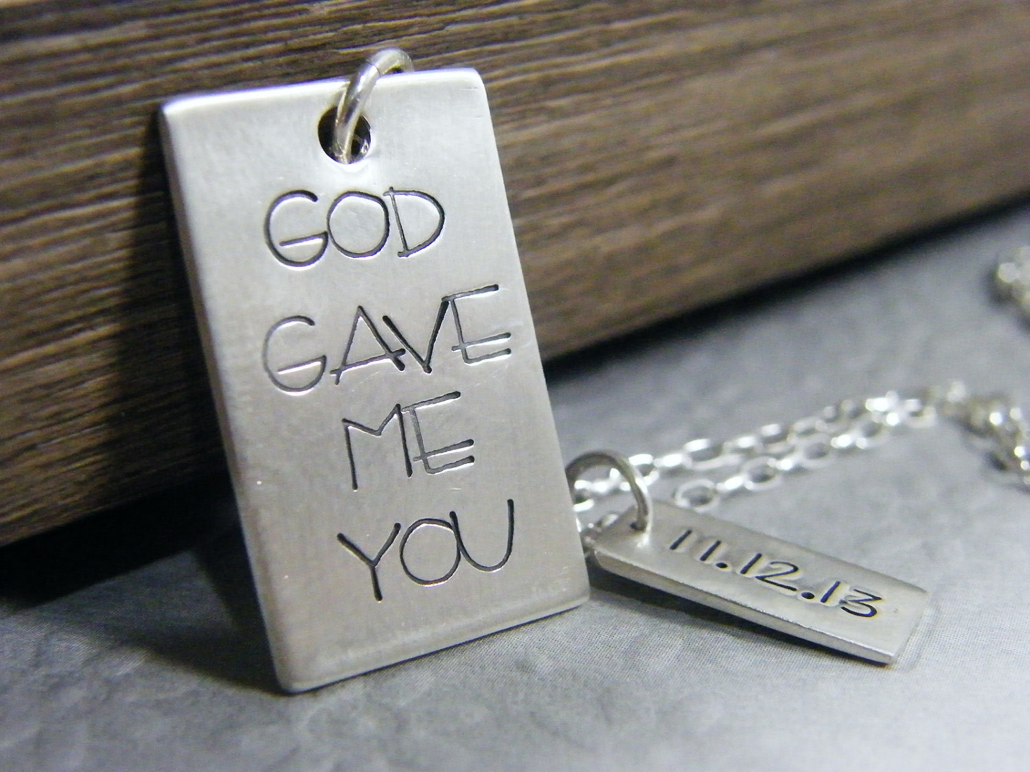 god gave me you hand stamped sterling rectangle pendant and date charm for him - PureRoxFaith