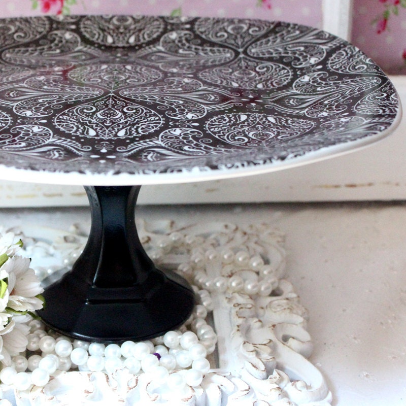 Cake Plate Dessert Pedestal Cake Stand Cupcake Stand Black and White Damask Elegance