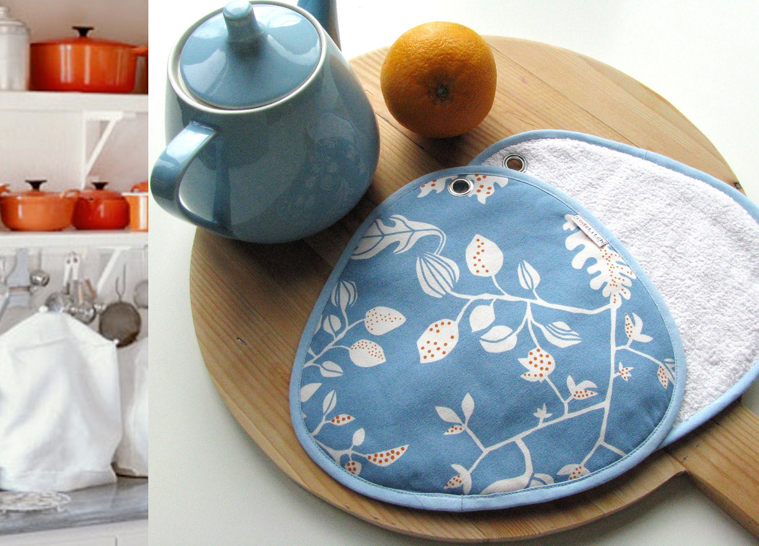 pair of cotton potholders - teal and orange floral - ikea fabric - ostat
