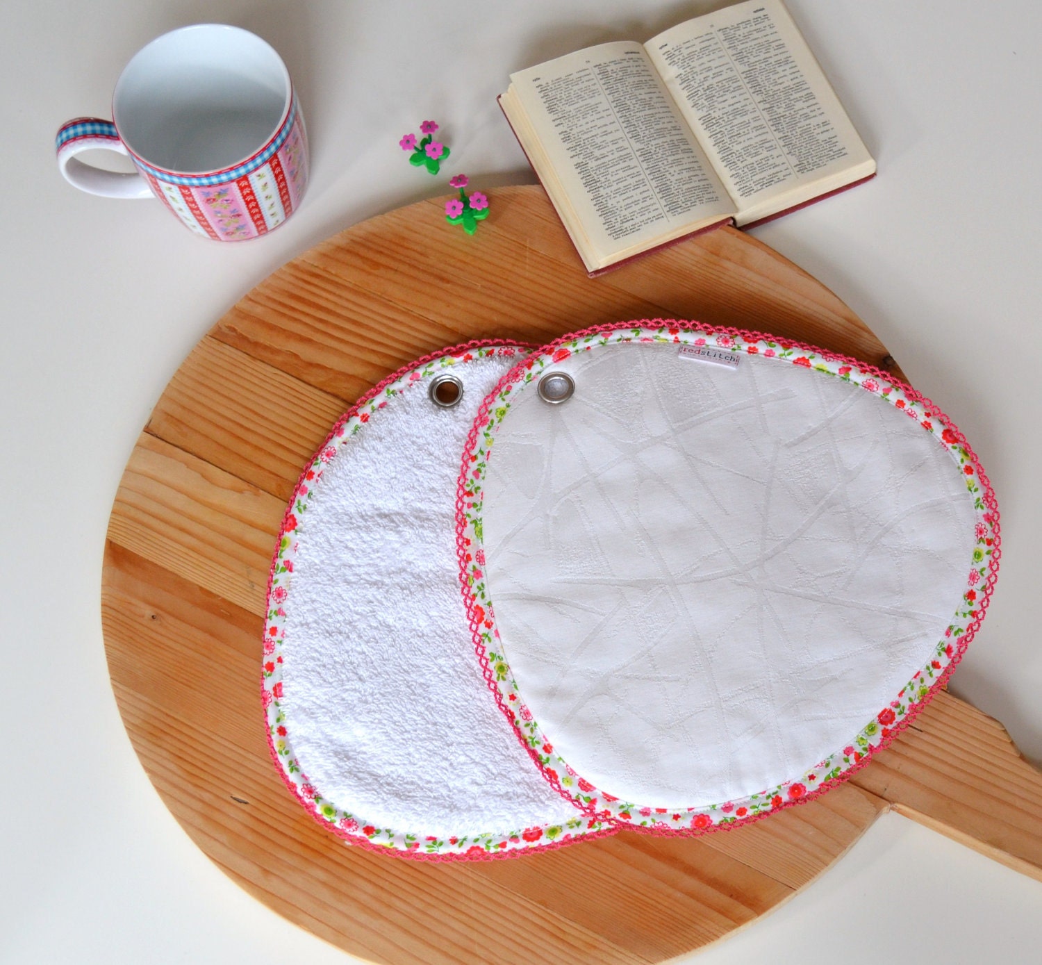 sweet white potholders with floral bias trim and lace - pink and green - cottage kitchen - ostat