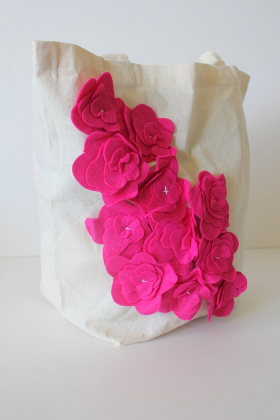 SALE canvas tote bag / shoulder bag purse -- cascading hydrangeas in hot pink
