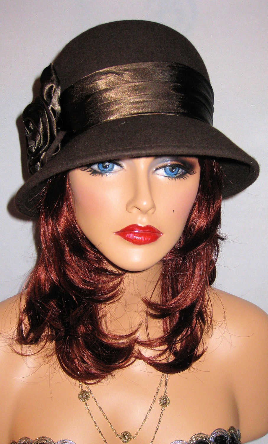 RESERVED FOR JUDI - Silk Chocolate, Scrumptious, Sleek Cloche Hat In Rich Chocolate Wool With Matching Silk Band and Rose Bloom