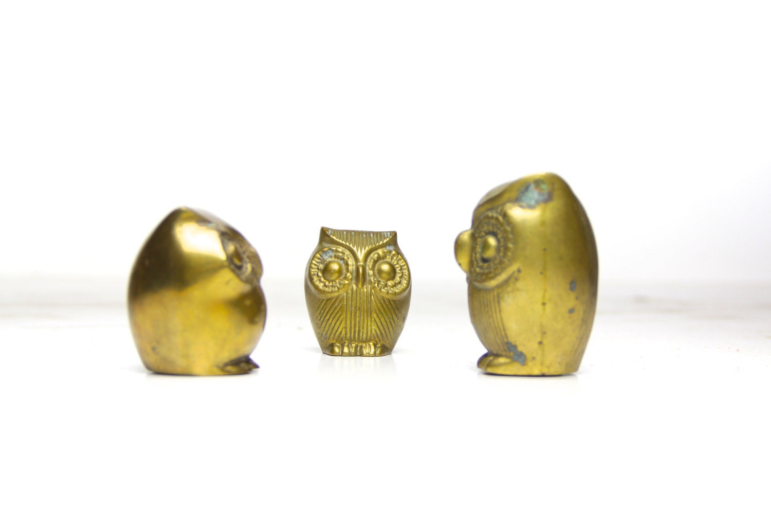 owl, family, brass, figurine, vintage, gold, paper weight, home decor