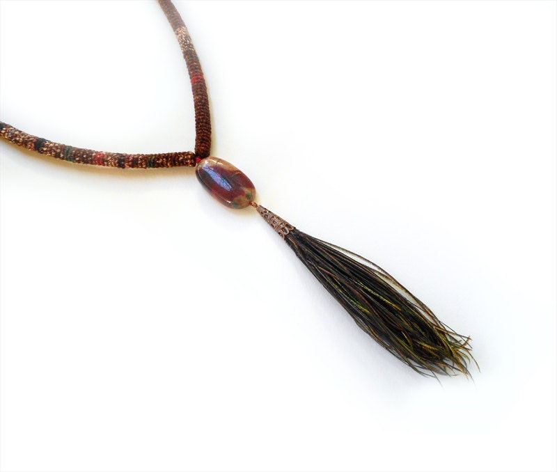 Tribal Jewelry Set Crochet Necklace Stone Feather Pendant Fringe Earrings - vanessahandmade