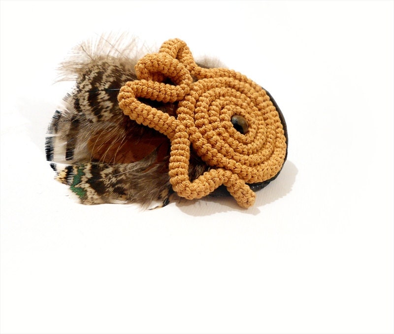 Brooch or Hair Pin, Crochet Tube - Natural Bird Feathers, Free Form, Apricot Brown