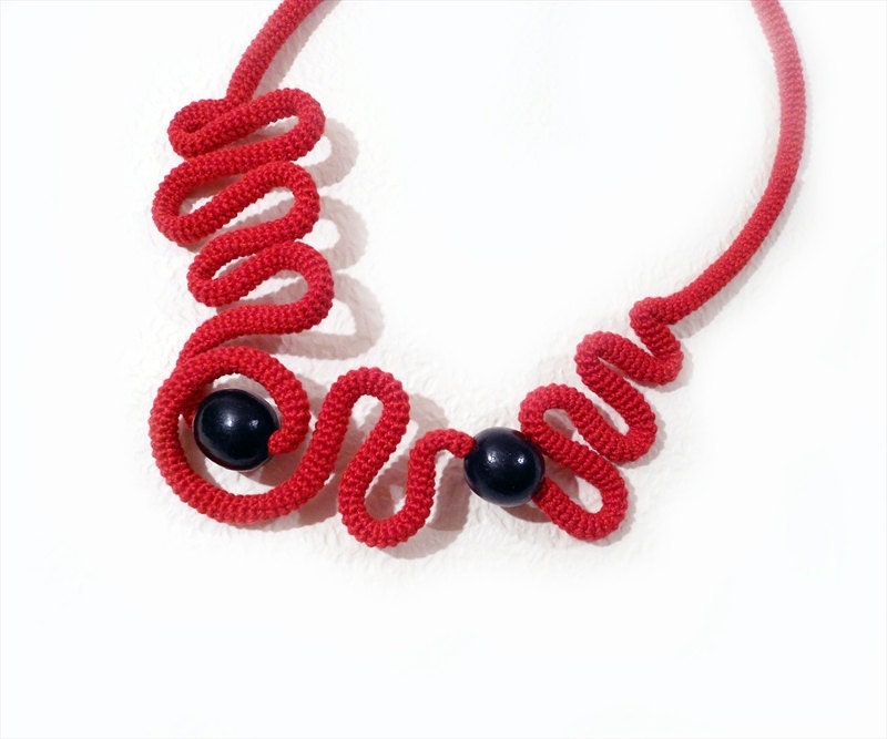 Crochet Statement Necklace Free Form Graphic Waves Lucky Red