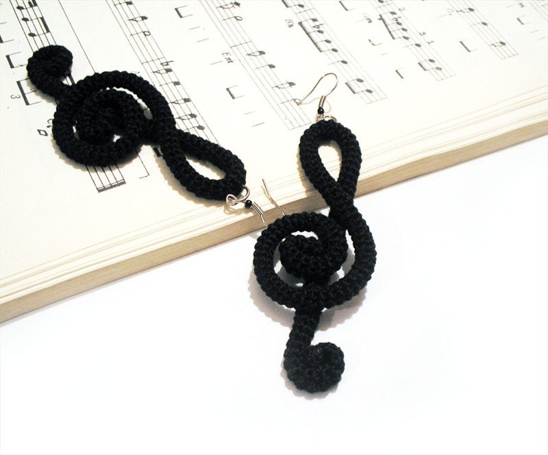 Treble Clef  Black Crochet Earrings, Music Theory, Fiber Wrapped Note by VanessaHandmade