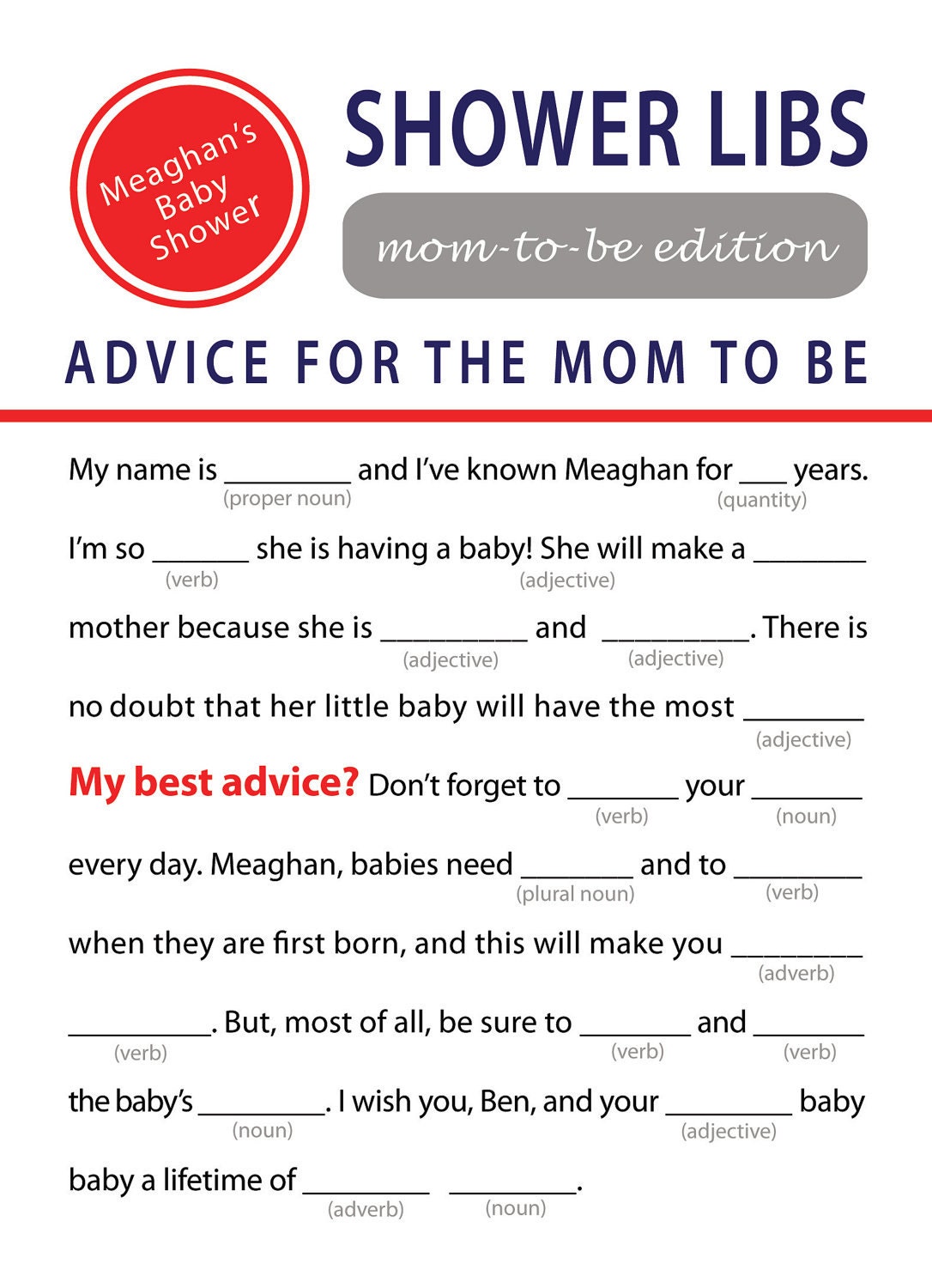 Mad Libs Baby Shower Printable Baby Shower Games Mad Libs Advice Card