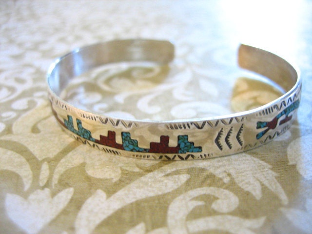 Vintage Sterling Silver Turquoise and Coral Inlaid Cuff Bracelet