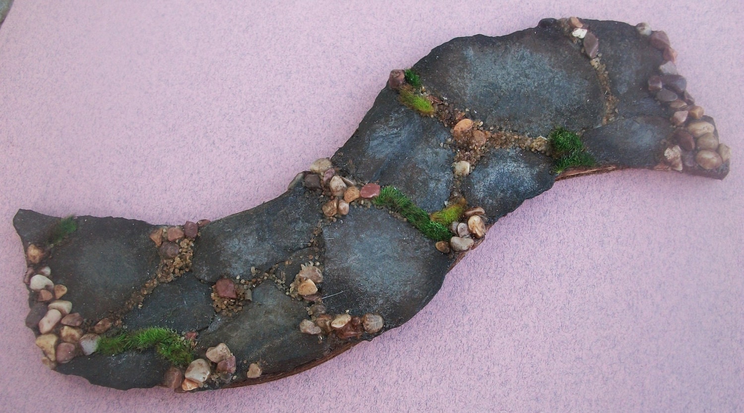 Miniature Garden Path MADE TO ORDER, Flagstone, Pebbles, Gravel and Moss Dollhouse Scale Curved Stone Paths