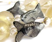 Unique OOAK anti jcrew bubble statement necklace Oaxacan black clay fish and vintage gold lucite bubble jewelry