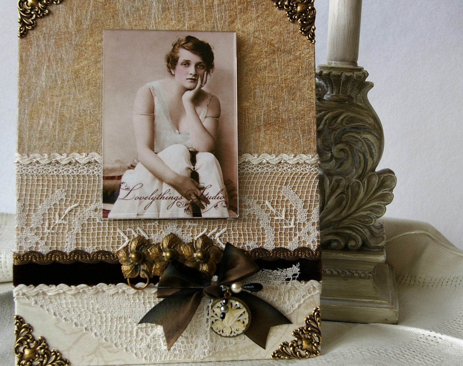 Wedding Frame, Handcrafted, Vintage lace, Mother of Pearl cabochon pendant OOAK