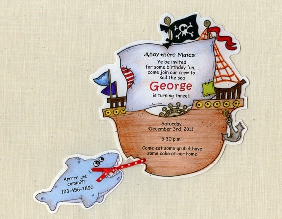 10 Pirate Birthday Party Invitations - Handcut & Personalized