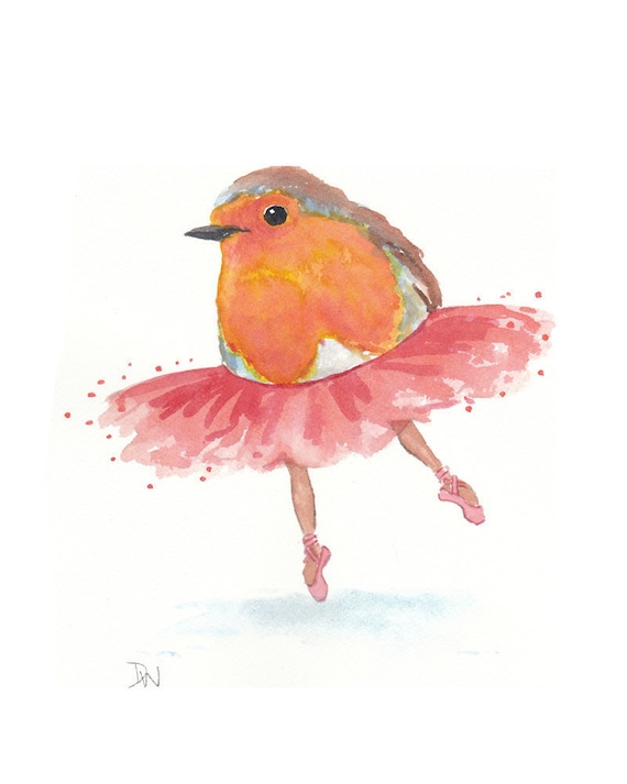 Original Bird Watercolor Painting - Ballet Art, Tutu, Robin, nursery art
