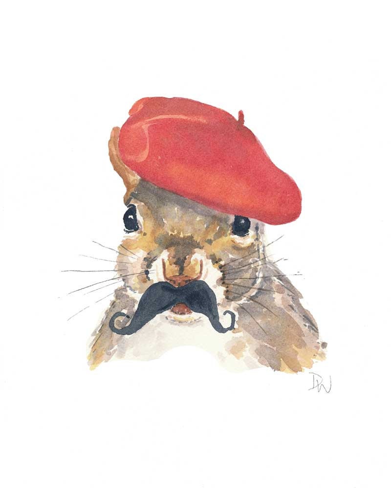 Original Squirrel Watercolor Painting - French, Mustache, Beret, 8x10