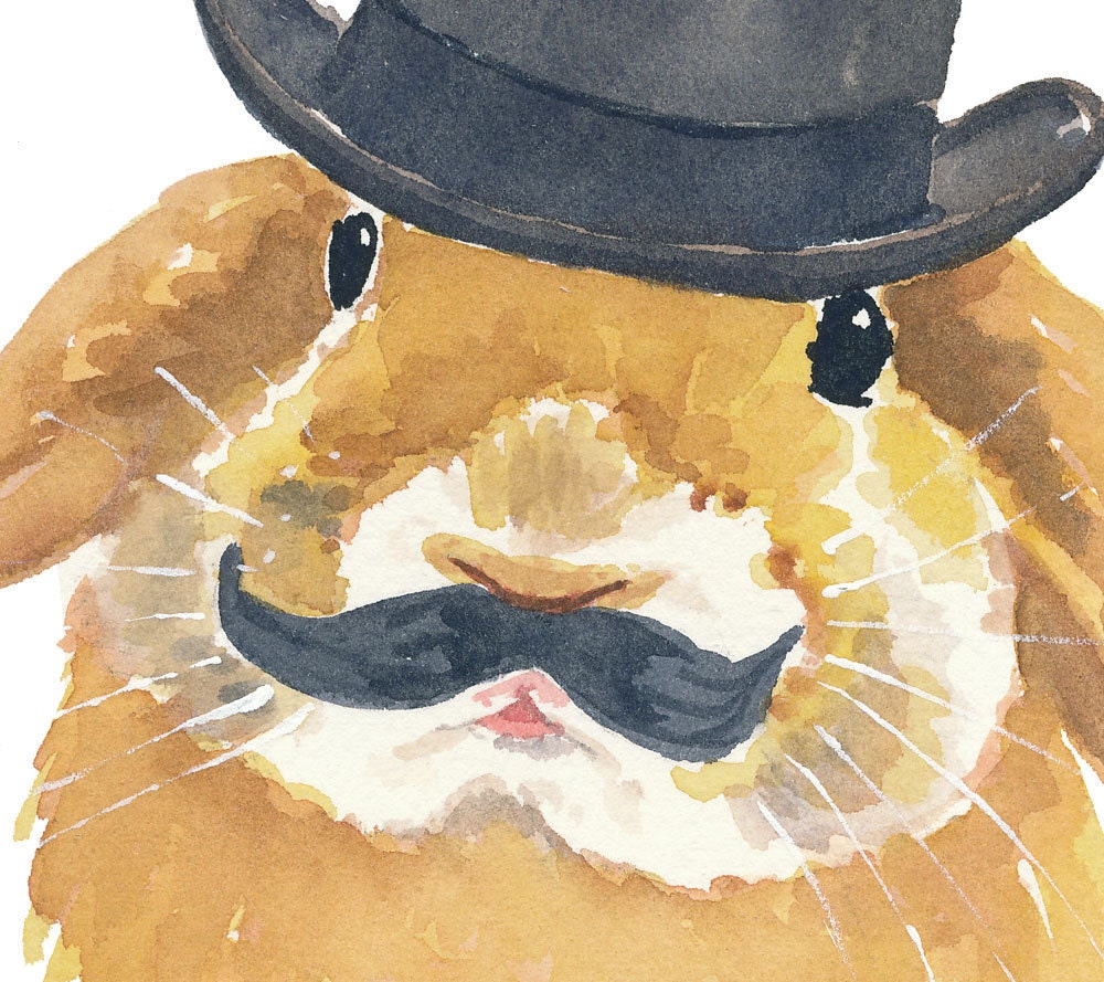 Original Rabbit Watercolor - Bunny Painting, Bowler Hat, Animal Art