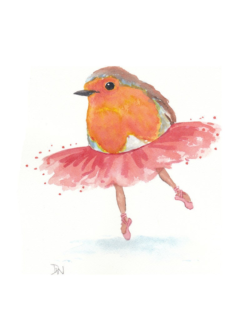 Original Bird Watercolor Painting - Ballet Art, Tutu, Robin, nursery art