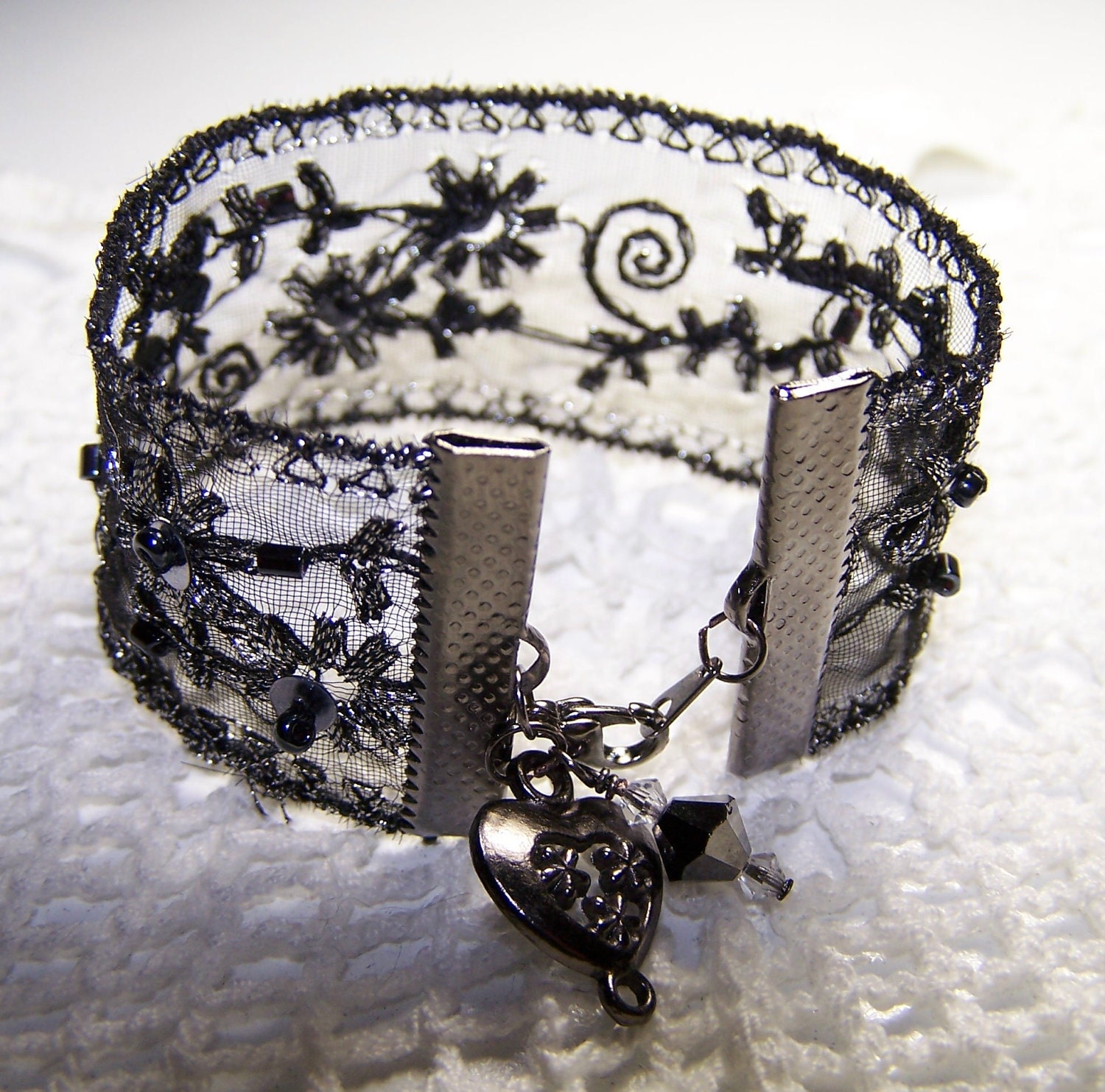 Black and Silver Beaded Ribbon Bracelet Formal Goth Steampunk Sparkle Gunmetal Victorian Vintage Look