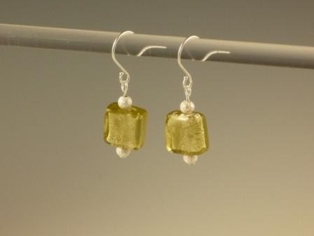 Murano style olive glass foil square and stardust bead earrings
