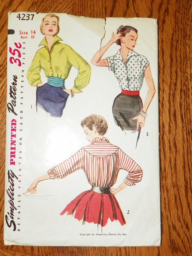 Simplicity 4237 Ladies big collar blouse long and short sleeved size 14 with cummerbund and cuffs