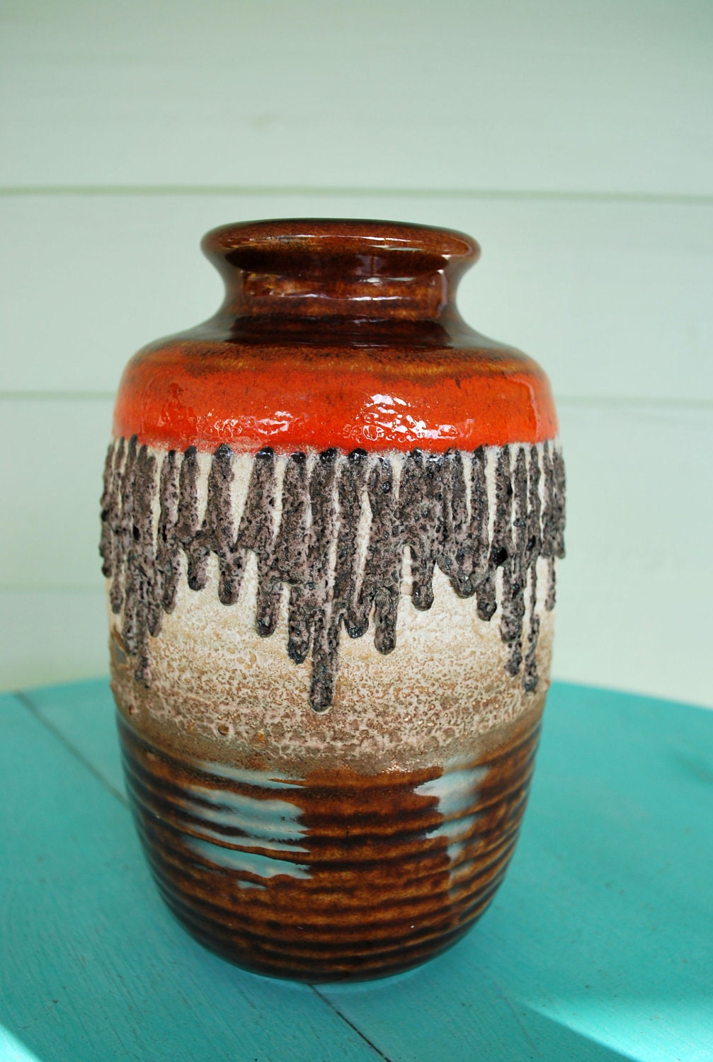 FREE SHIPPING Mid Century Orange and Brown West Germany Fat Lava Vase